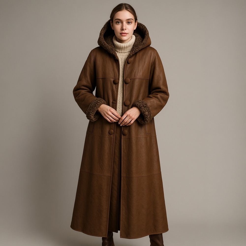Vintage Womens L Brown 100% Curly Sheepskin Shearling Hooded Penny Lane Coat